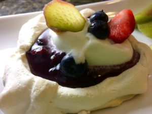 Meringue Bowls with Rhubarb and Berry Filling