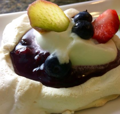 Meringue Bowls with Rhubarb and Berry Filling