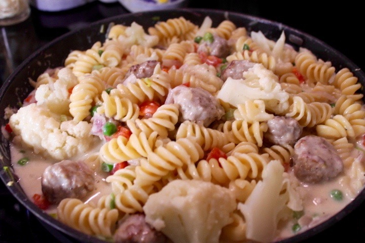Creamy Sausage and Noodle Meal.